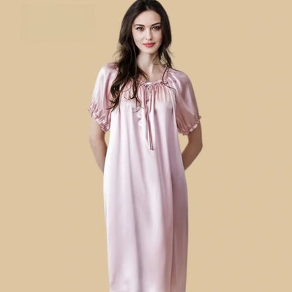 100% Mulberry Silk 19Momme Ruffle Neck Nightgown with Puff Short Sleeves