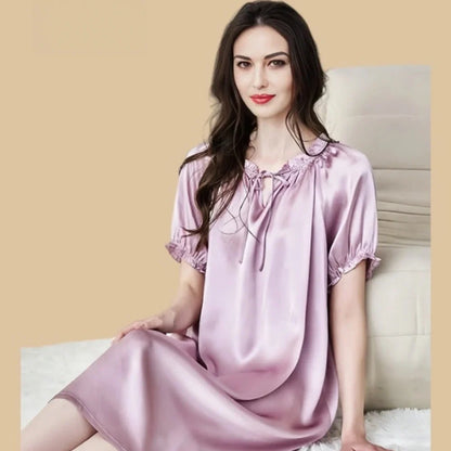 100% Mulberry Silk 19Momme Ruffle Neck Nightgown with Puff Short Sleeves