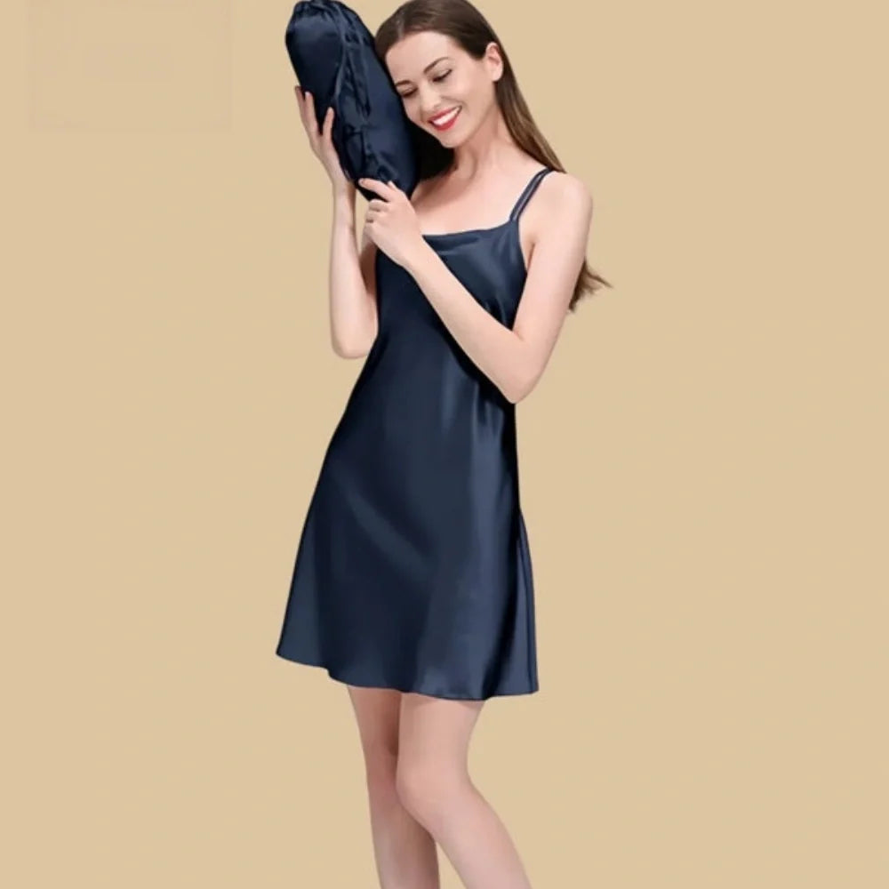 100% Mulberry Silk 19Momme Scoop Neck Short Nightgown with Double Strap Design
