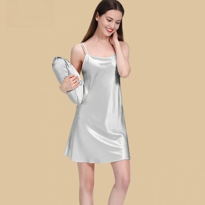 100% Mulberry Silk 19Momme Scoop Neck Short Nightgown with Double Strap Design