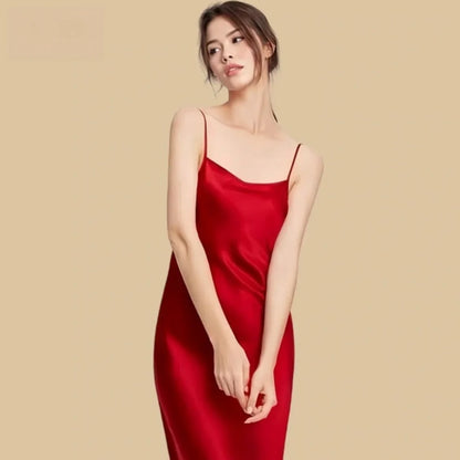 100% Mulberry Silk 19Momme Scoop Neck Spaghetti Strap Midi Nightgown