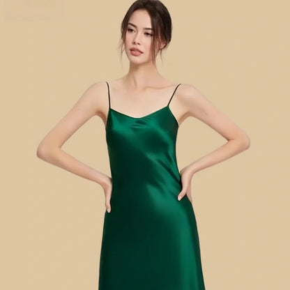 100% Mulberry Silk 19Momme Scoop Neck Spaghetti Strap Midi Nightgown