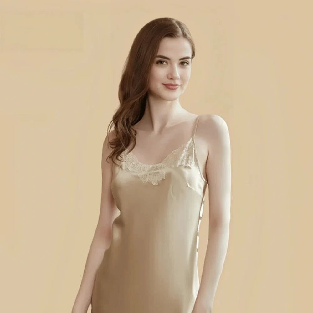 100% Mulberry Silk 19Momme Short Lace V-Neck Nightgown &amp; Kimono Robe Set