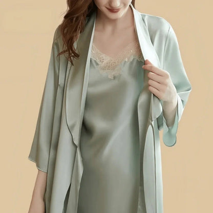 100% Mulberry Silk 19Momme Short Lace V-Neck Nightgown &amp; Kimono Robe Set