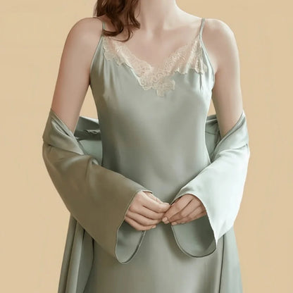 100% Mulberry Silk 19Momme Short Lace V-Neck Nightgown &amp; Kimono Robe Set