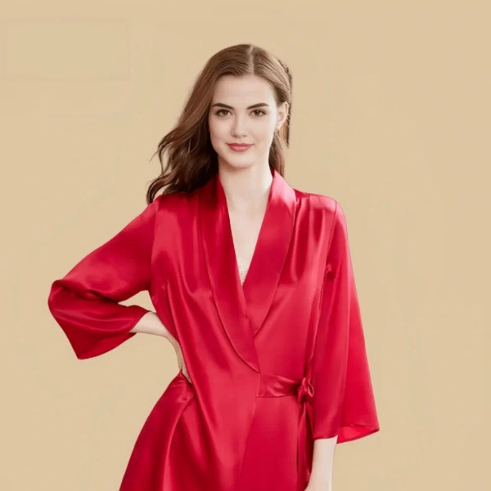 100% Mulberry Silk 19Momme Short Lace V-Neck Nightgown &amp; Kimono Robe Set