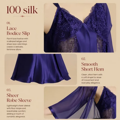 100% Mulberry Silk 19Momme Short Nightgown &amp; Kimono Robe Set with Lace Design