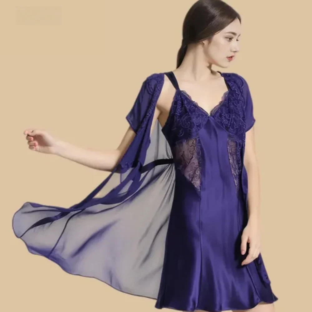 100% Mulberry Silk 19Momme Short Nightgown &amp; Kimono Robe Set with Lace Design