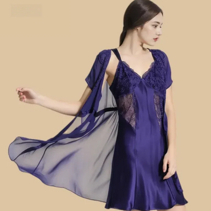 100% Mulberry Silk 19Momme Short Nightgown &amp; Kimono Robe Set with Lace Design