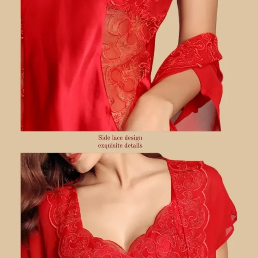 100% Mulberry Silk 19Momme Short Nightgown &amp; Kimono Robe Set with Lace Design