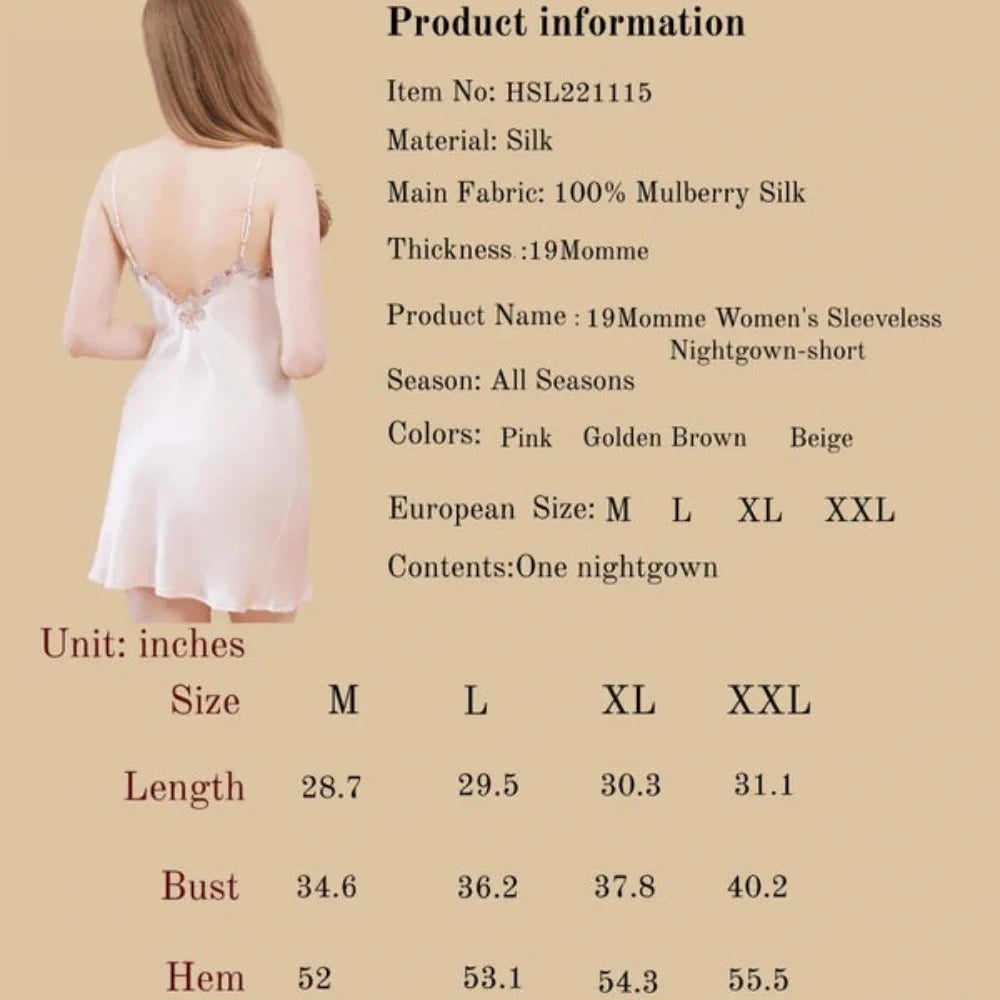 100% Mulberry Silk 19Momme Short Nightgown with Embroidered V-Neck