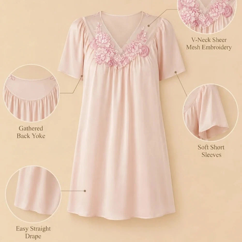100% Mulberry Silk 19Momme Short Sleeve Knee Nightgown with Mesh Embroidery V-Neck