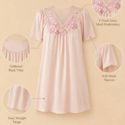 100% Mulberry Silk 19Momme Short Sleeve Knee Nightgown with Mesh Embroidery V-Neck