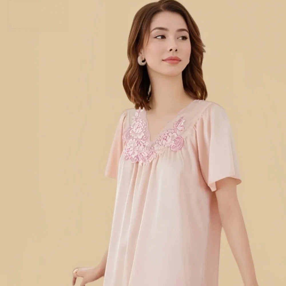 100% Mulberry Silk 19Momme Short Sleeve Knee Nightgown with Mesh Embroidery V-Neck