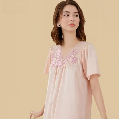 100% Mulberry Silk 19Momme Short Sleeve Knee Nightgown with Mesh Embroidery V-Neck