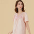 100% Mulberry Silk 19Momme Short Sleeve Knee Nightgown with Mesh Embroidery V-Neck