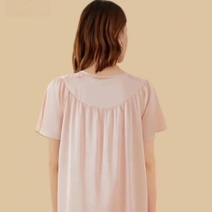 100% Mulberry Silk 19Momme Short Sleeve Knee Nightgown with Mesh Embroidery V-Neck