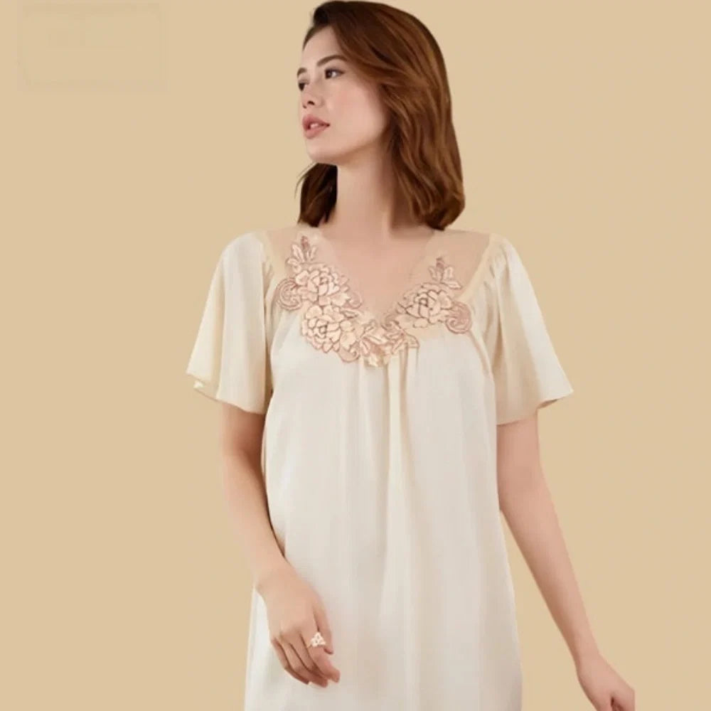 100% Mulberry Silk 19Momme Short Sleeve Knee Nightgown with Mesh Embroidery V-Neck