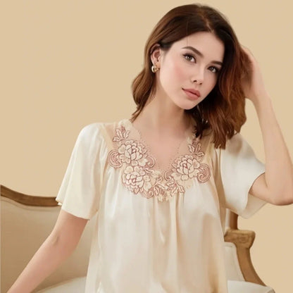 100% Mulberry Silk 19Momme Short Sleeve Knee Nightgown with Mesh Embroidery V-Neck