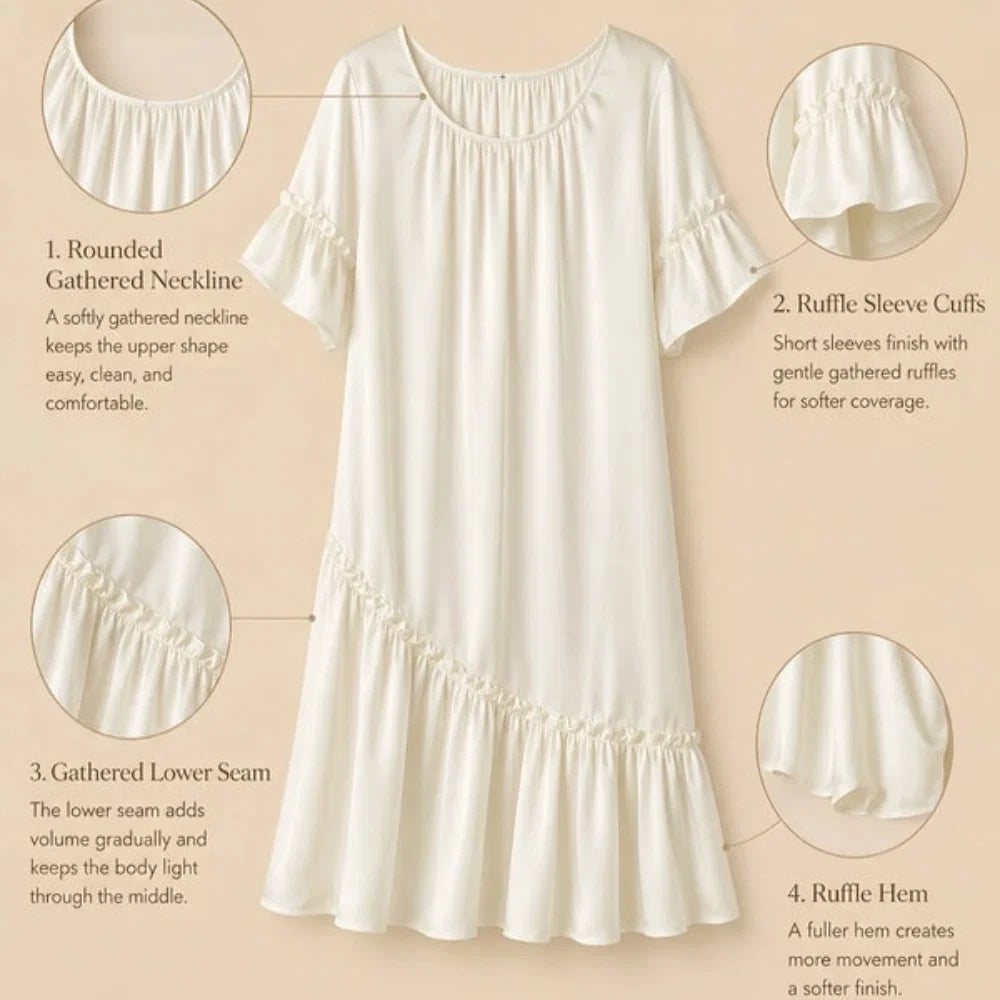 100% Mulberry Silk 19Momme Short Sleeve Silk Nightgown with Ruffle Sleeves and Hem