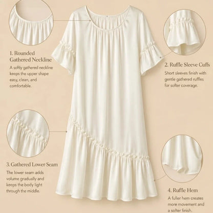 100% Mulberry Silk 19Momme Short Sleeve Silk Nightgown with Ruffle Sleeves and Hem