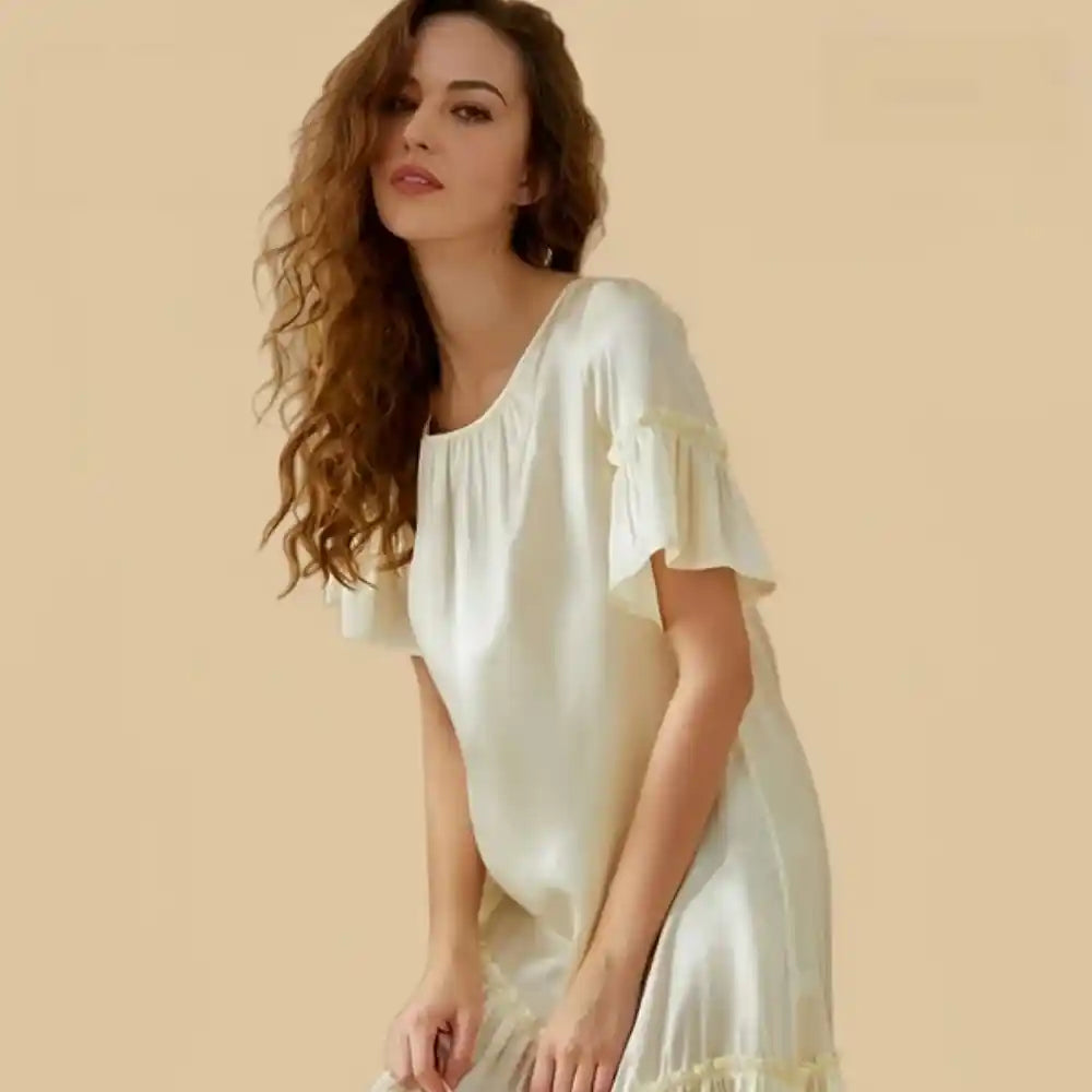 100% Mulberry Silk 19Momme Short Sleeve Silk Nightgown with Ruffle Sleeves and Hem