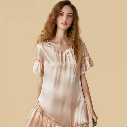 100% Mulberry Silk 19Momme Short Sleeve Silk Nightgown with Ruffle Sleeves and Hem