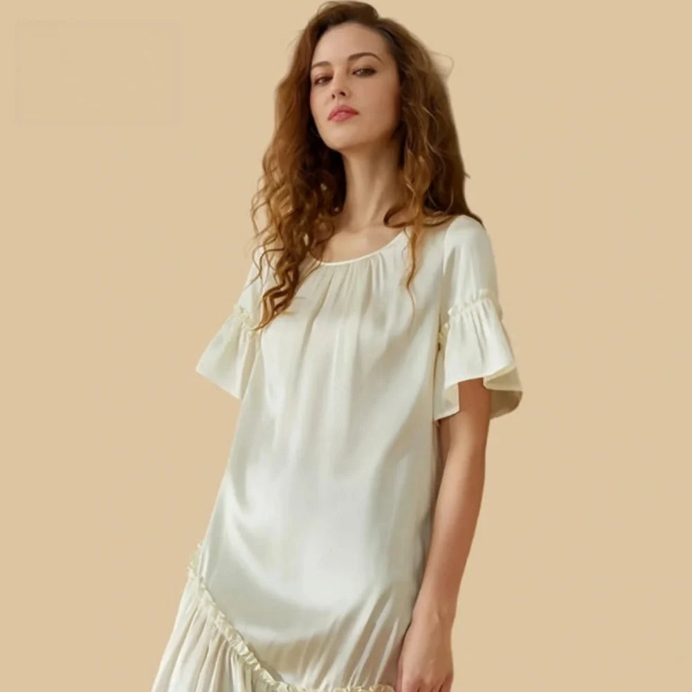 100% Mulberry Silk 19Momme Short Sleeve Silk Nightgown with Ruffle Sleeves and Hem