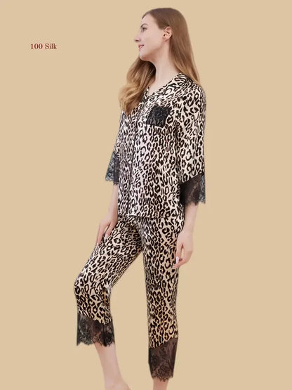 100% Mulberry Silk 19Momme Silk Leopard Print Women&