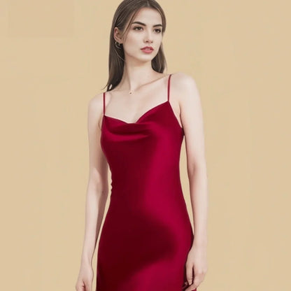 100% Mulberry Silk 19Momme Spaghetti Strap Cowl Neck Mini Nightgown