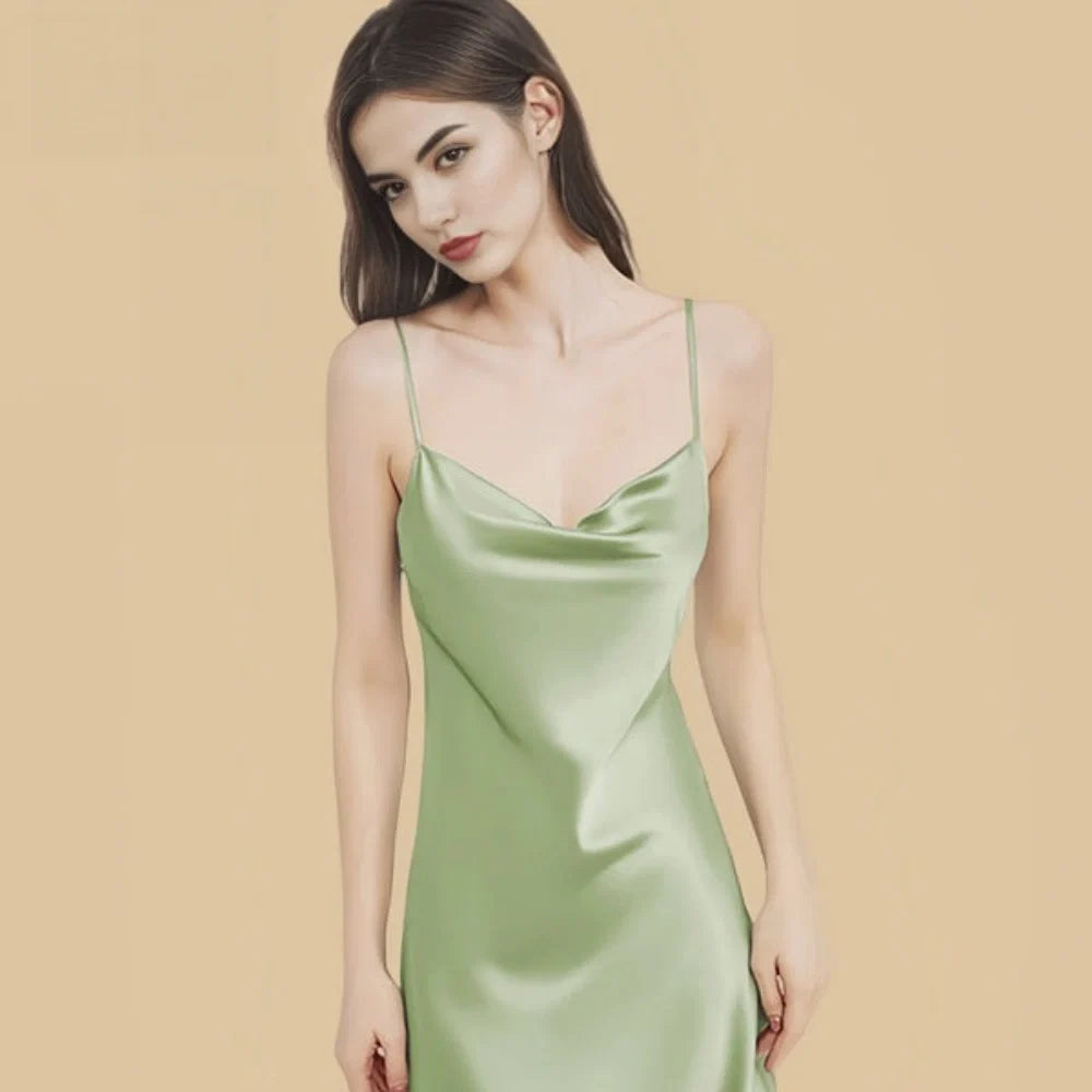 100% Mulberry Silk 19Momme Spaghetti Strap Cowl Neck Mini Nightgown