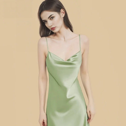 100% Mulberry Silk 19Momme Spaghetti Strap Cowl Neck Mini Nightgown