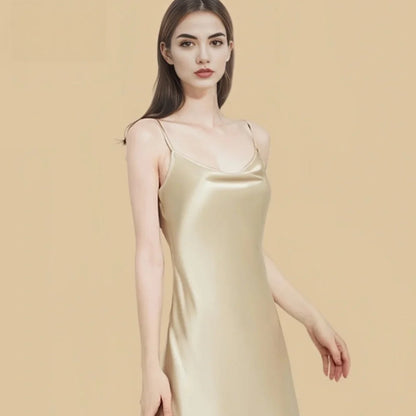 100% Mulberry Silk 19Momme Spaghetti Strap Cowl Neck Mini Nightgown