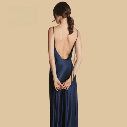 100% Mulberry Silk 19Momme Spaghetti Strap Full Nightgown with Backless Design