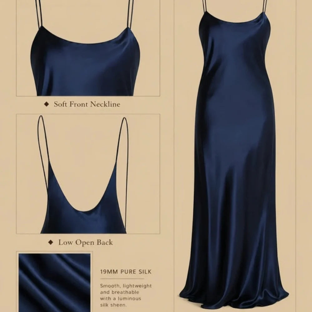 100% Mulberry Silk 19Momme Spaghetti Strap Full Nightgown with Backless Design