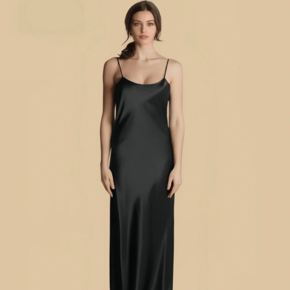 100% Mulberry Silk 19Momme Spaghetti Strap Full Nightgown with Backless Design