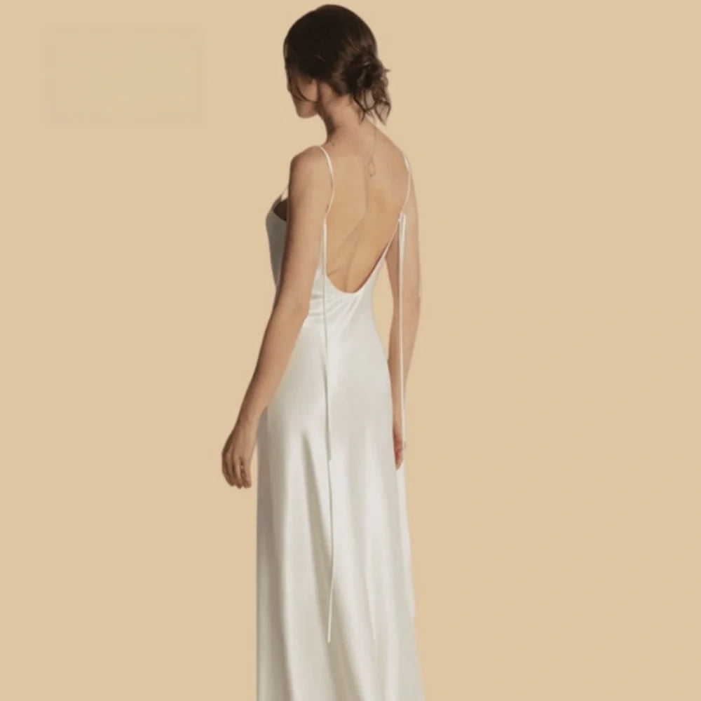 100% Mulberry Silk 19Momme Spaghetti Strap Full Nightgown with Backless Design