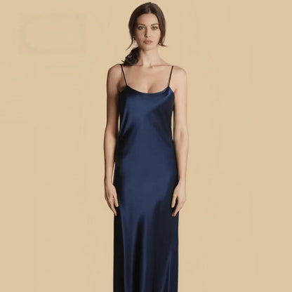 100% Mulberry Silk 19Momme Spaghetti Strap Full Nightgown with Backless Design