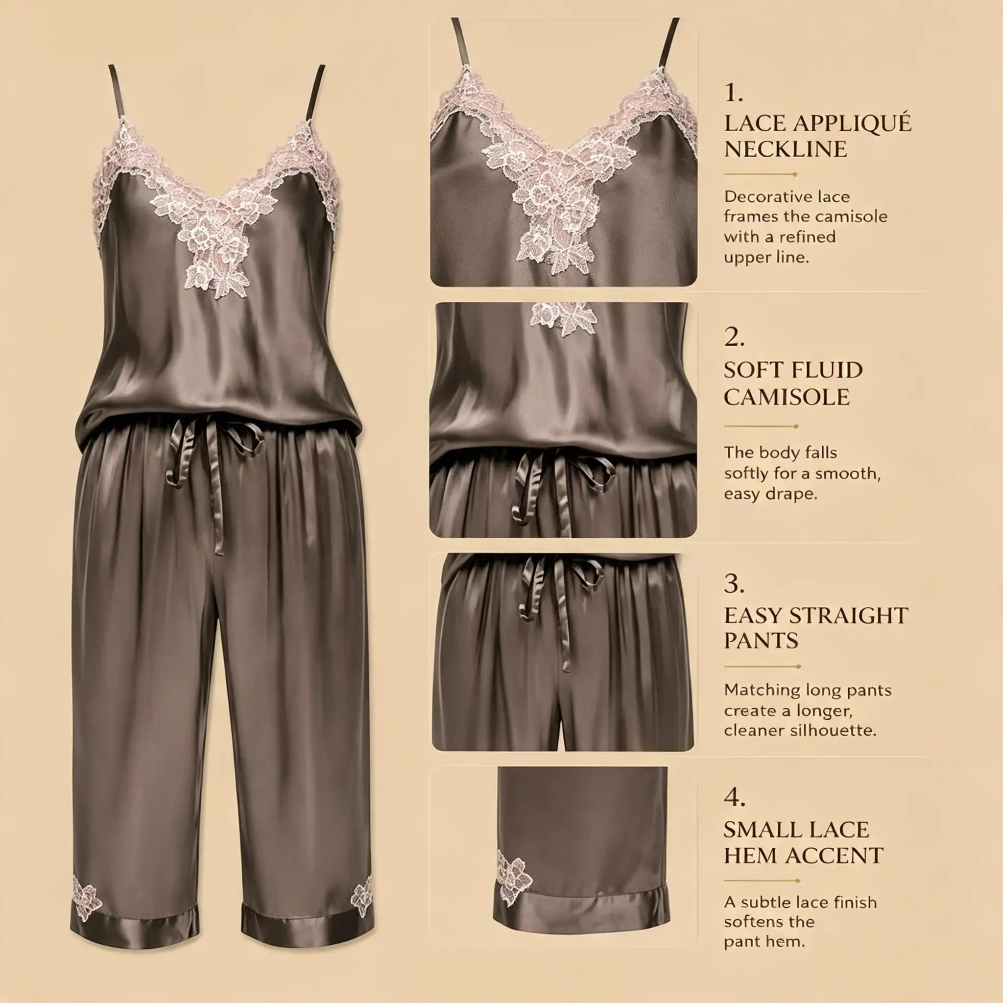 100% Mulberry Silk 19Momme Spaghetti Strap Lace Appliqué V-Neck Camisole Set