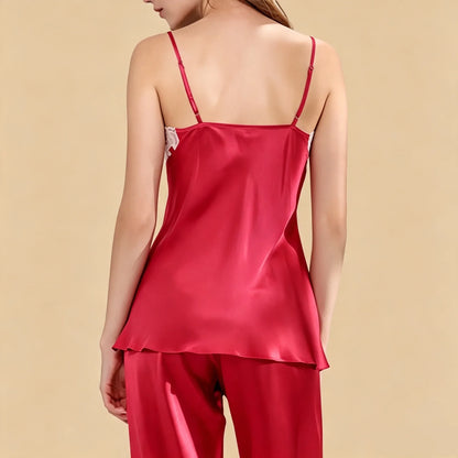 100% Mulberry Silk 19Momme Spaghetti Strap Lace Appliqué V-Neck Camisole Set