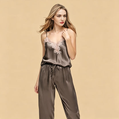 100% Mulberry Silk 19Momme Spaghetti Strap Lace Appliqué V-Neck Camisole Set