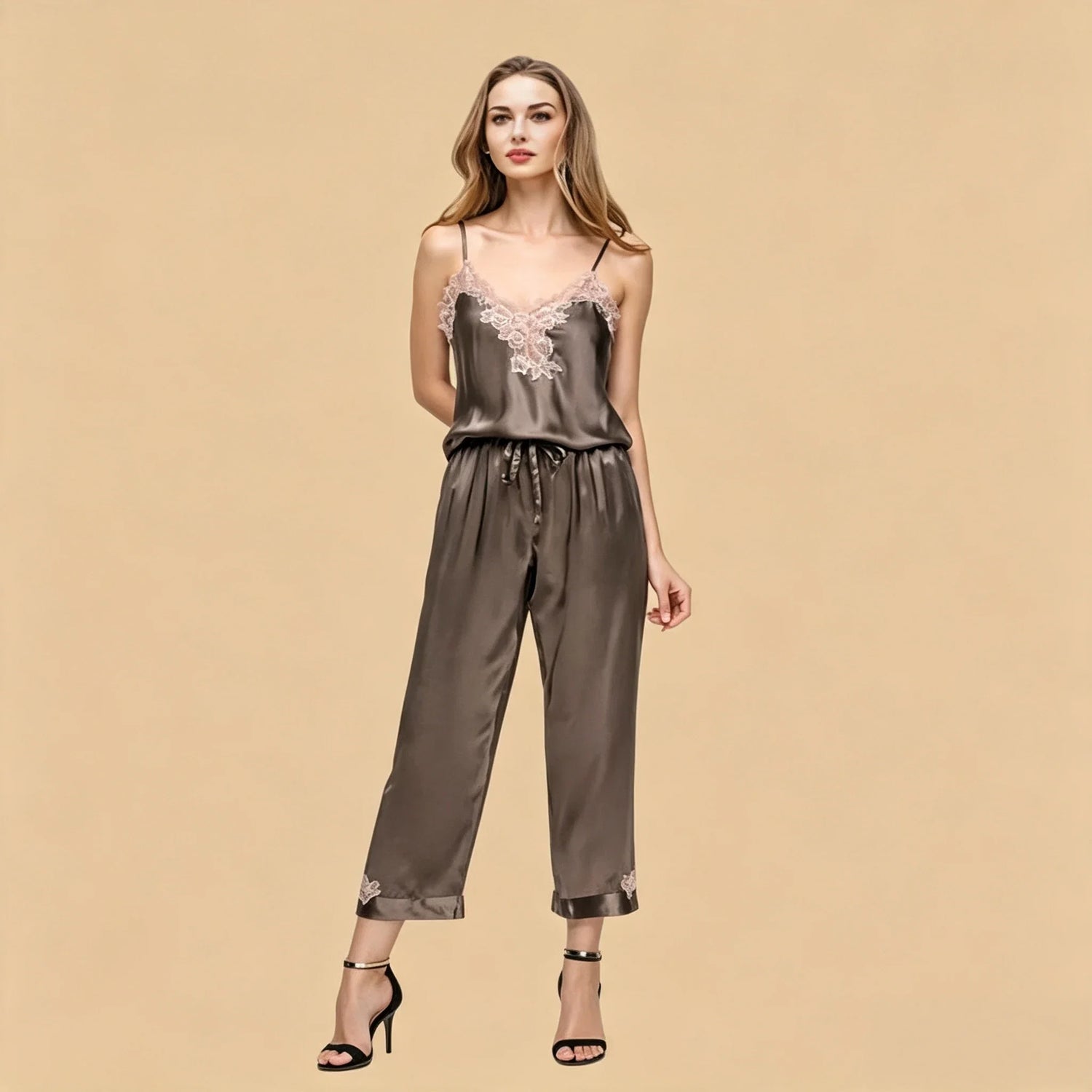 100% Mulberry Silk 19Momme Spaghetti Strap Lace Appliqué V-Neck Camisole Set