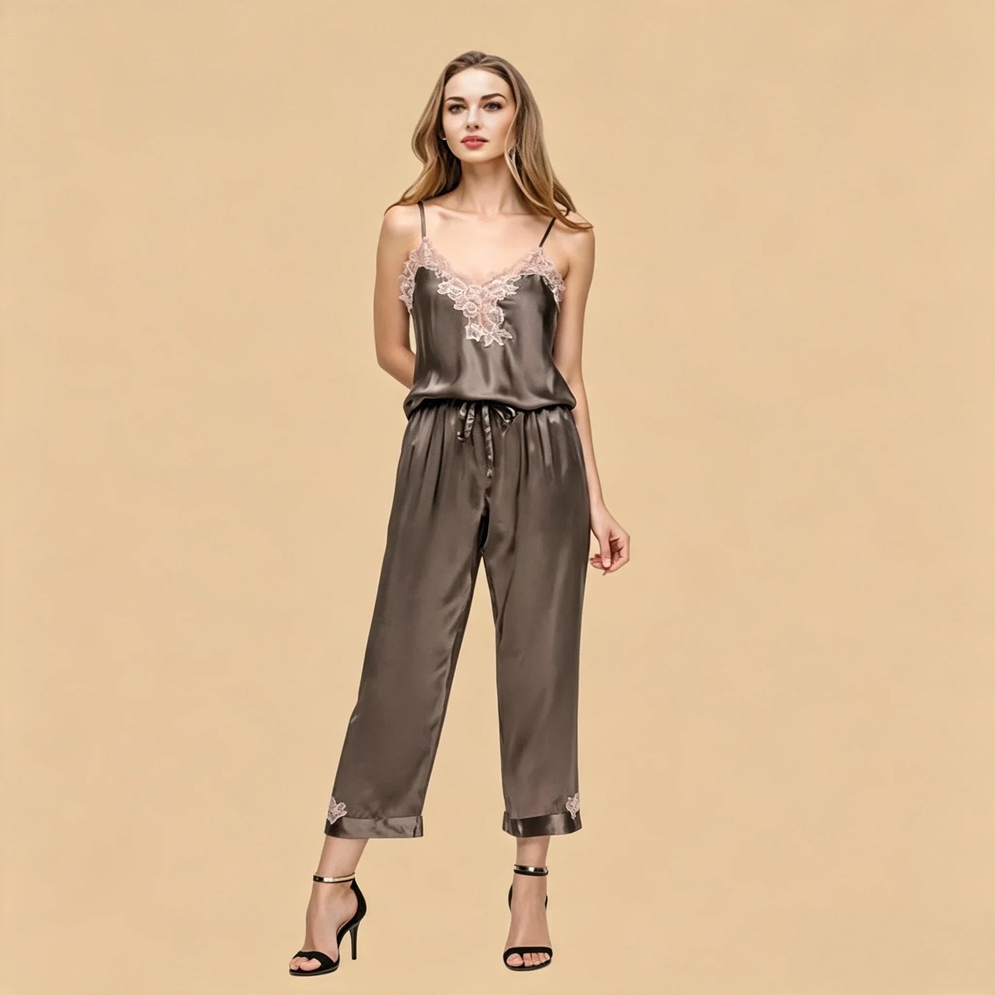 100% Mulberry Silk 19Momme Spaghetti Strap Lace Appliqué V-Neck Camisole Set