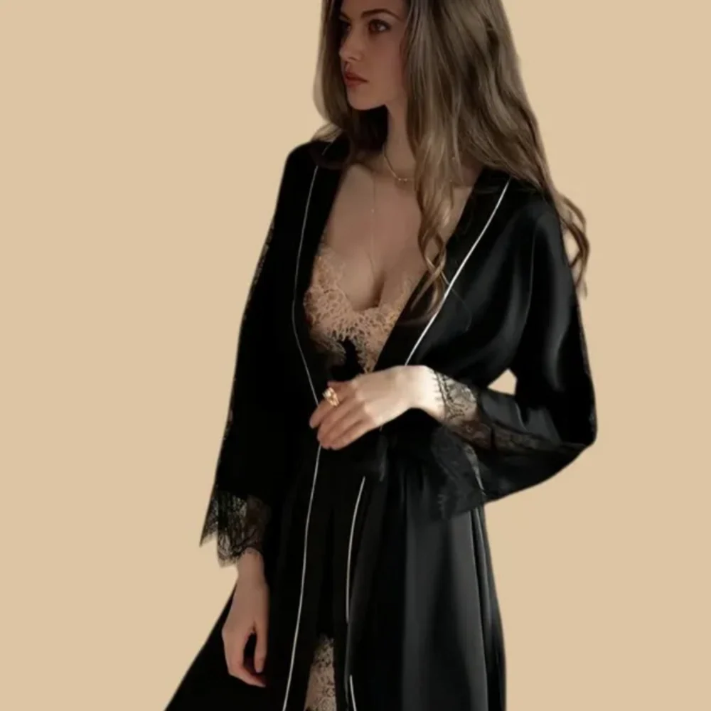 100% Mulberry Silk 19Momme Spaghetti Strap Lace Nightgown &amp; Kimono Robe Set