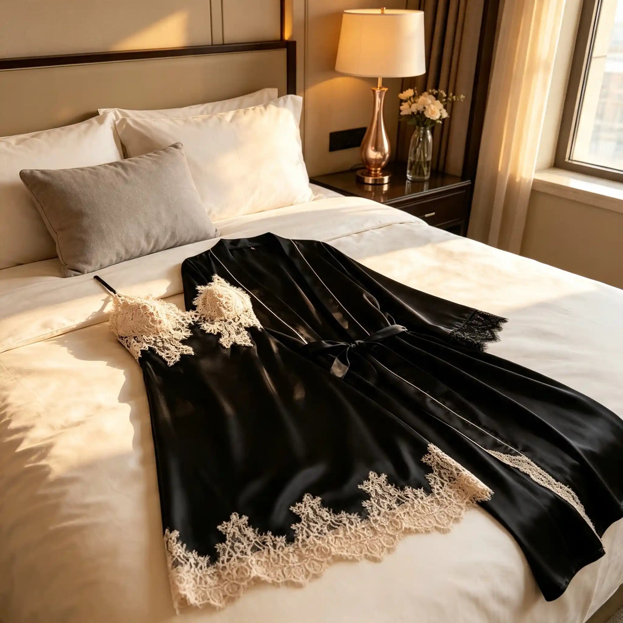 100% Mulberry Silk 19Momme Spaghetti Strap Lace Nightgown &amp; Kimono Robe Set