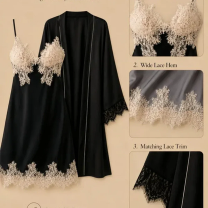 100% Mulberry Silk 19Momme Spaghetti Strap Lace Nightgown &amp; Kimono Robe Set