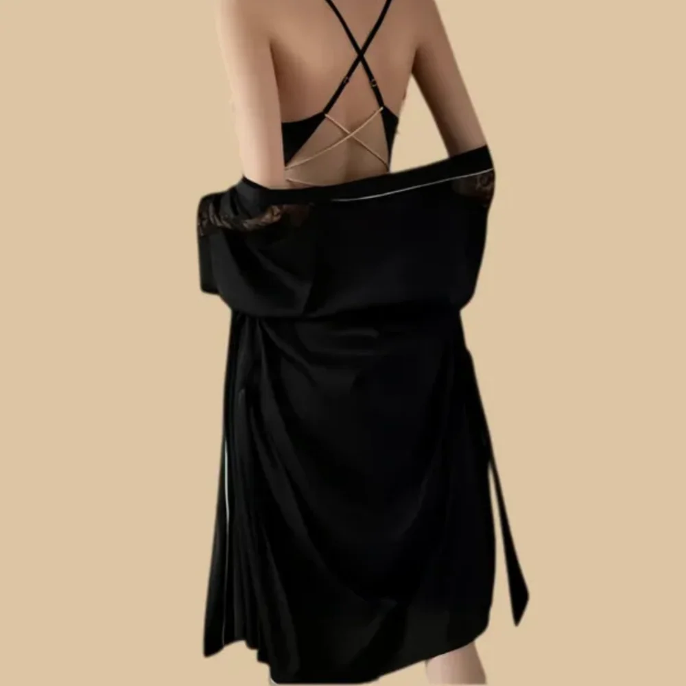 100% Mulberry Silk 19Momme Spaghetti Strap Lace Nightgown &amp; Kimono Robe Set