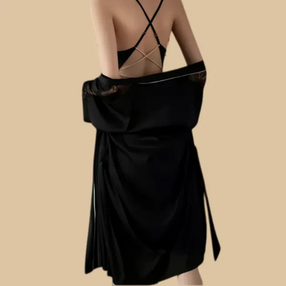 100% Mulberry Silk 19Momme Spaghetti Strap Lace Nightgown &amp; Kimono Robe Set