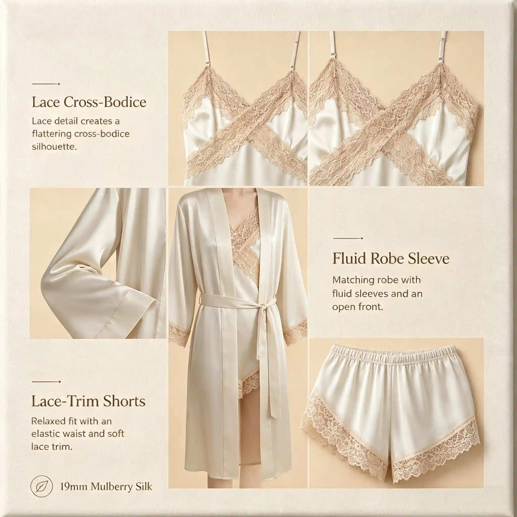 100% Mulberry Silk 19Momme Spaghetti Strap Lace Trim Camisole Set &amp; Robe 3Pcs