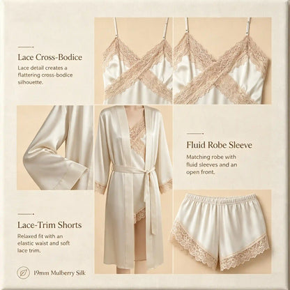 100% Mulberry Silk 19Momme Spaghetti Strap Lace Trim Camisole Set &amp; Robe 3Pcs